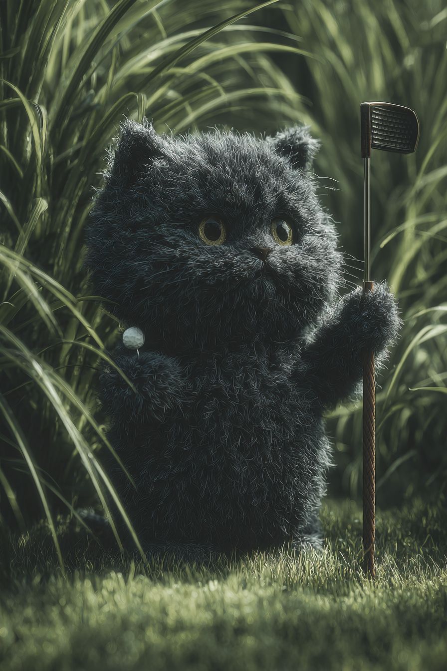 A realistic British shorthair focused on swinging a tiny golf club on a sunny day