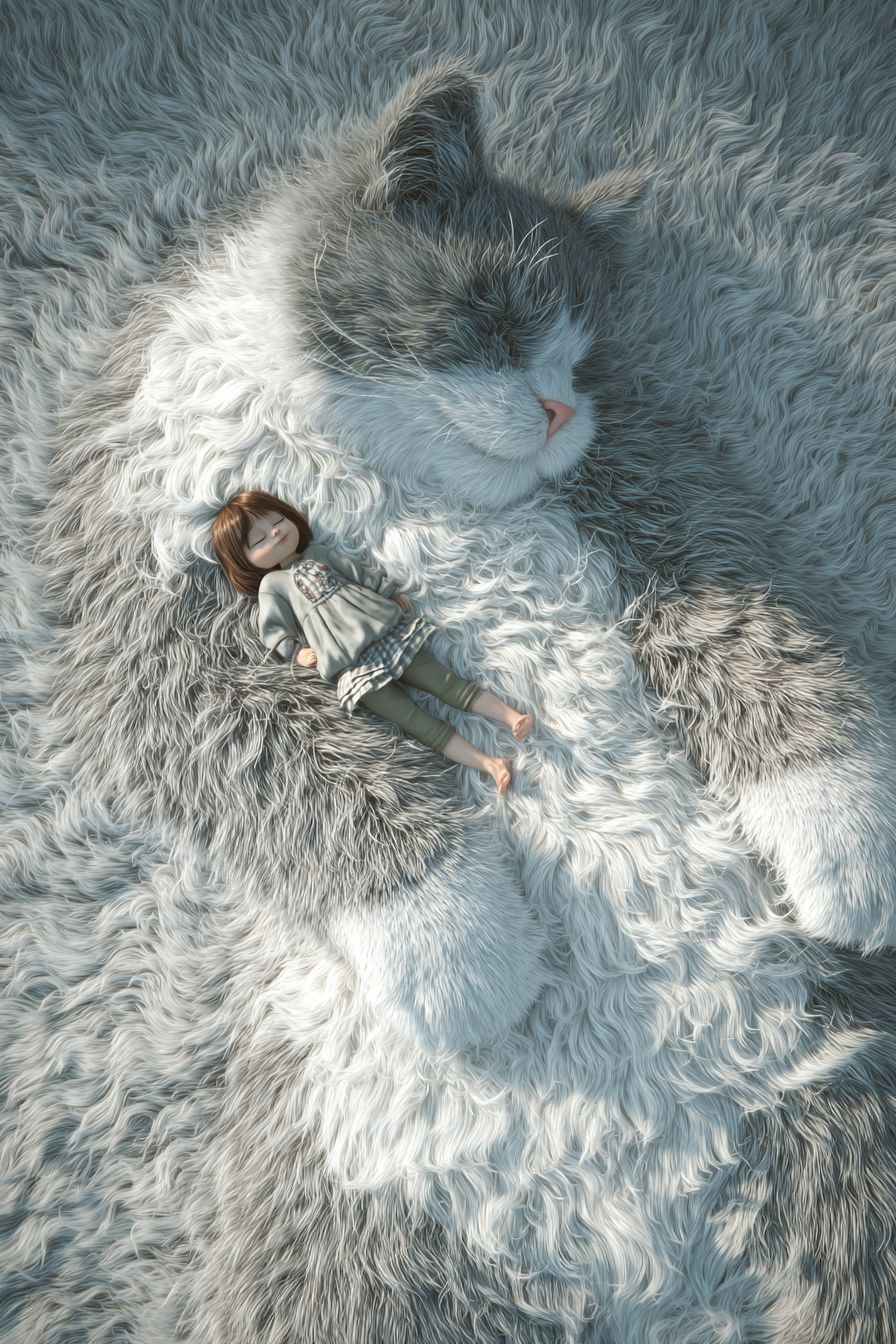 Una niña linda está acostada sobre la enorme panza peluda de un gato Ragdoll