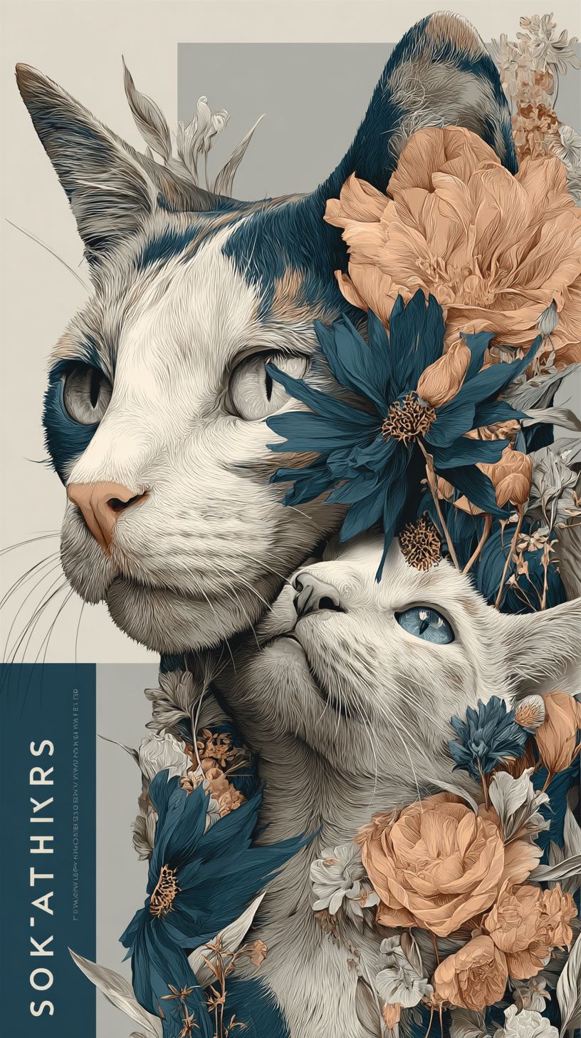 展現了一隻母貓和粘人的小貓的卡通插畫