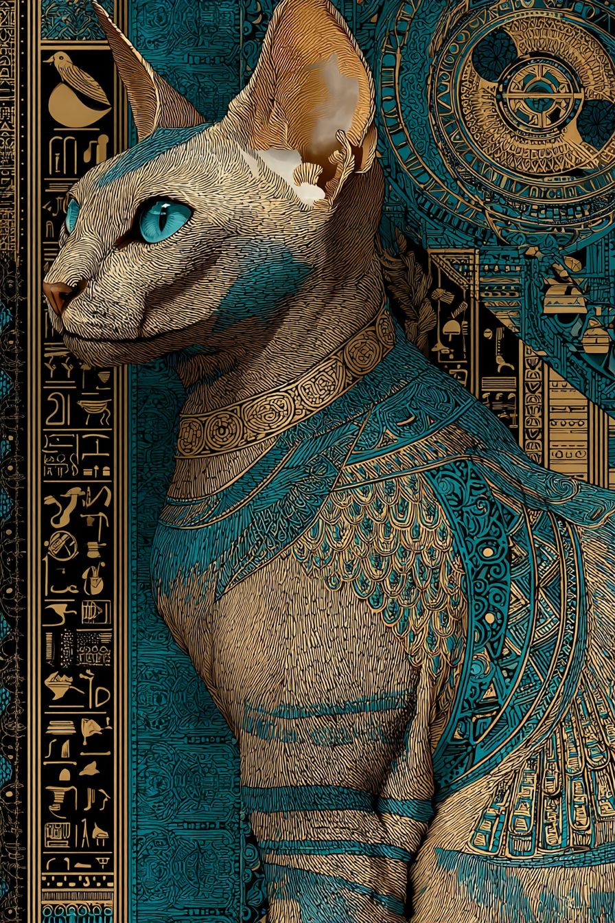 埃及豹猫的埃及象形文字风格，金色和绿松石色，金字塔背景，古老符号，威严姿态