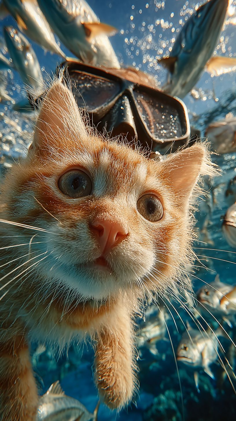 一只可爱的橘色小猫在清澈的蓝色海洋中潜水，佩戴着合适的潜水面罩和呼吸管，优雅地游动，身边环绕着许多大金枪鱼