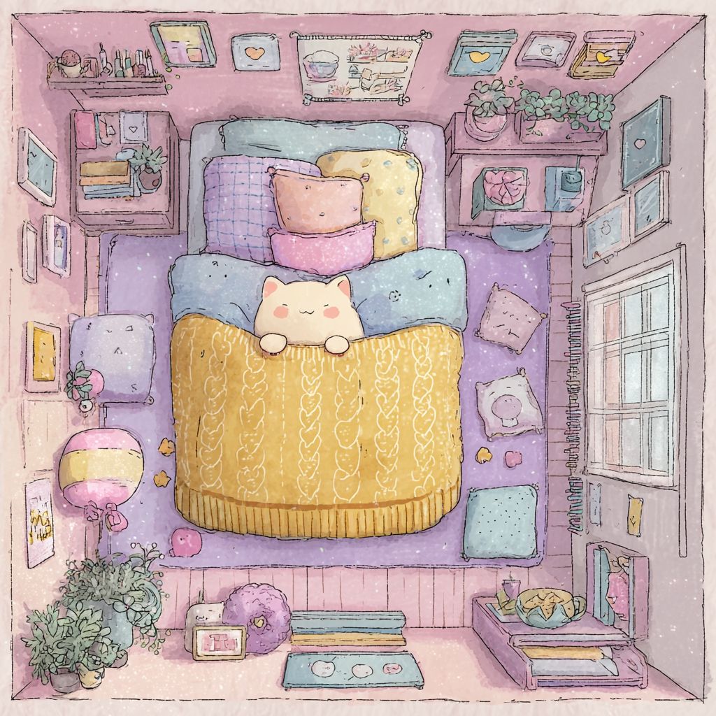 A cute cat in a yellow knitted sweater is sleeping on the bed in a spacious bedroom