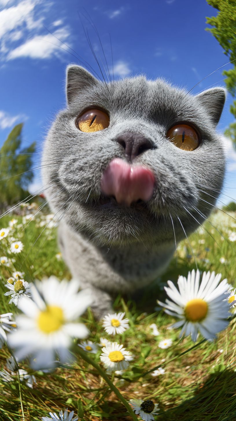 Un drôle de chat British Shorthair bleu lèche la caméra