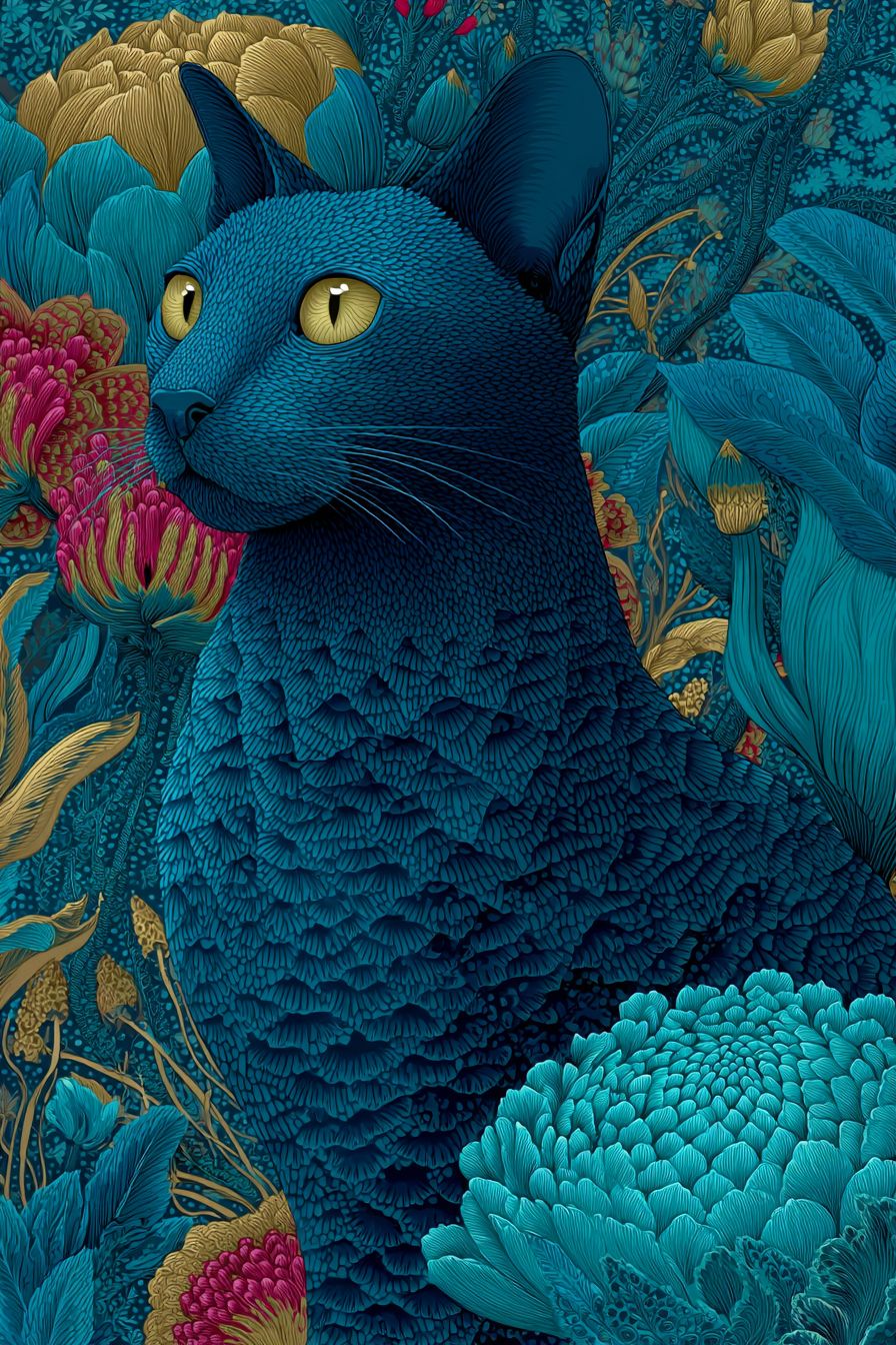 An Indonesian batik style of a Javanese cat with tropical flowers and vibrant indigo