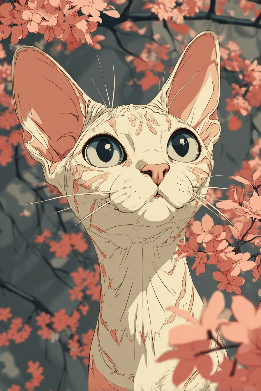 一只在樱花公园里的新加坡猫，拥有大眼睛和可爱的姿势