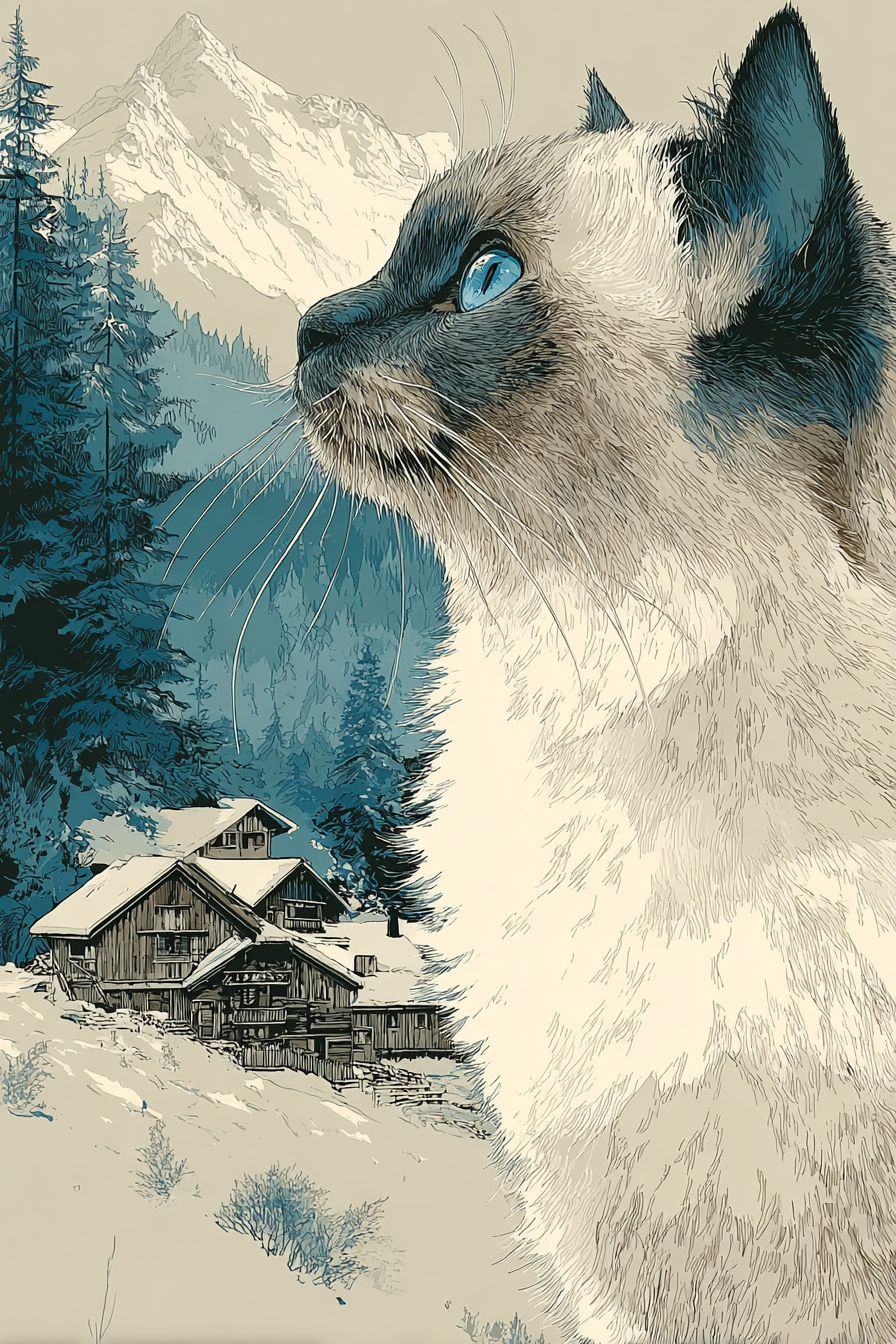瑞士阿尔卑斯风格的雪鞋猫与小木屋背景