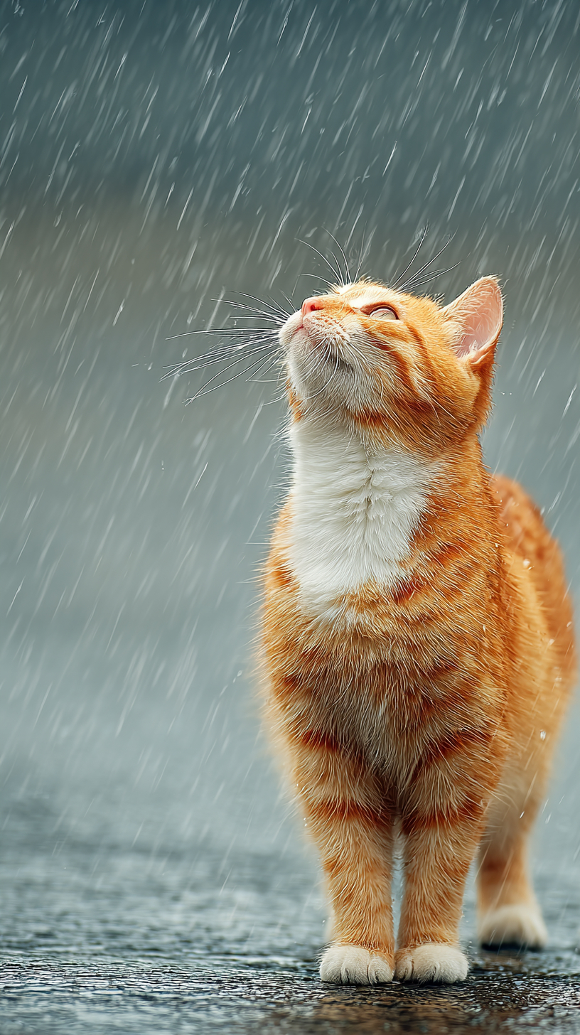 chat heureux sous la pluie