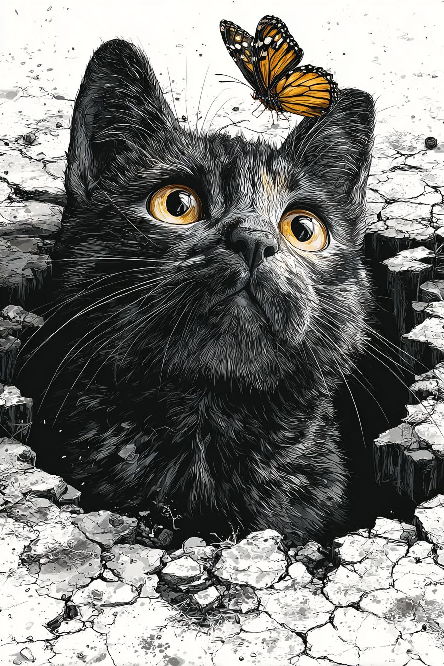从黑洞中冒出的3D美国短毛猫，头上有只蝴蝶