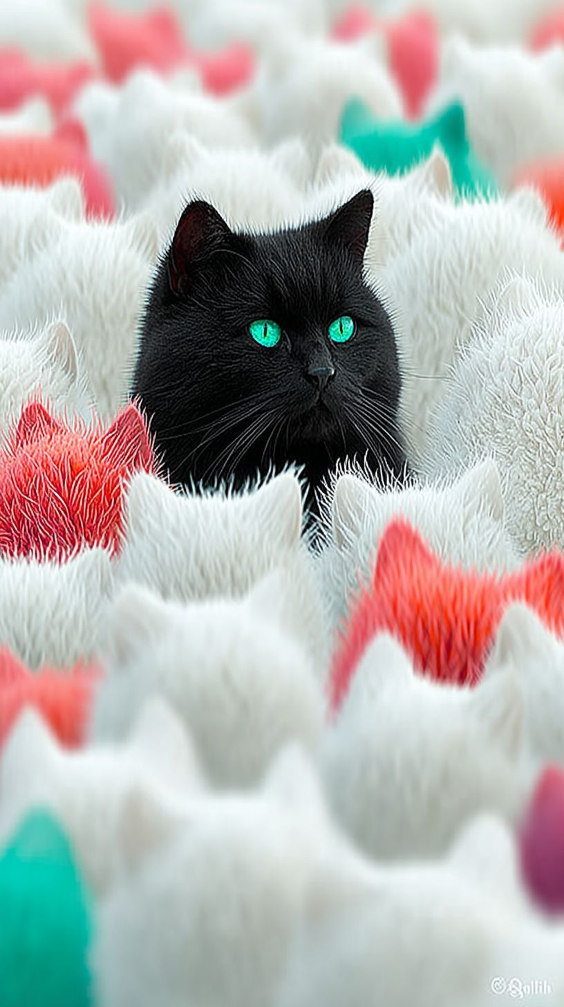A funny black cat with sweet blue eyes stands alone among white cats