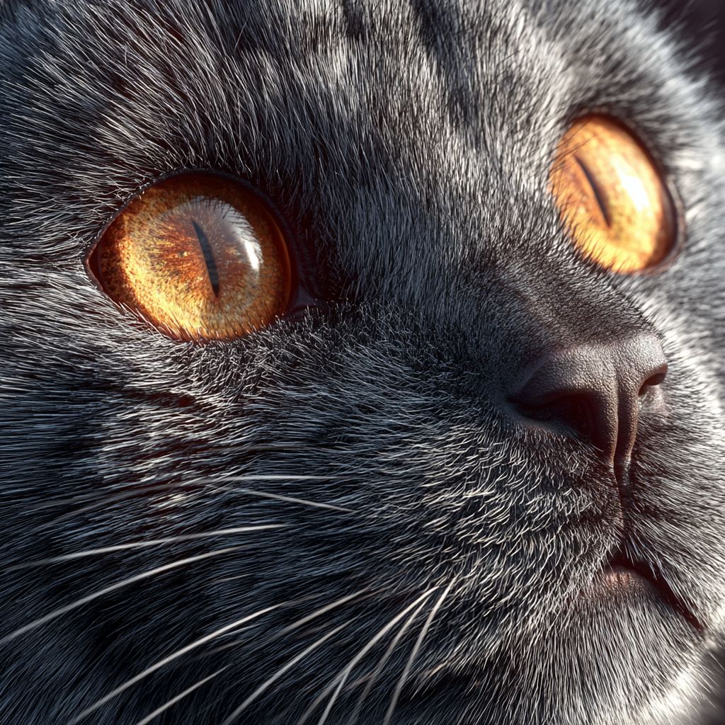 ふわふわのシャルトリュー猫の自撮り、リアルなスタイルと柔らかな自然光。