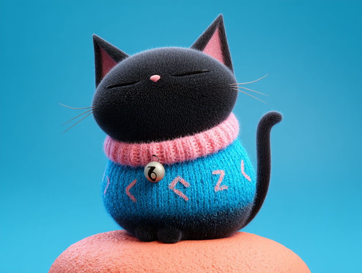 Design de personnage IP pour un festival d'art : un chat noir magique, intelligent et mignon, représentant la magie et la créativité comme une mascotte réconfortante.