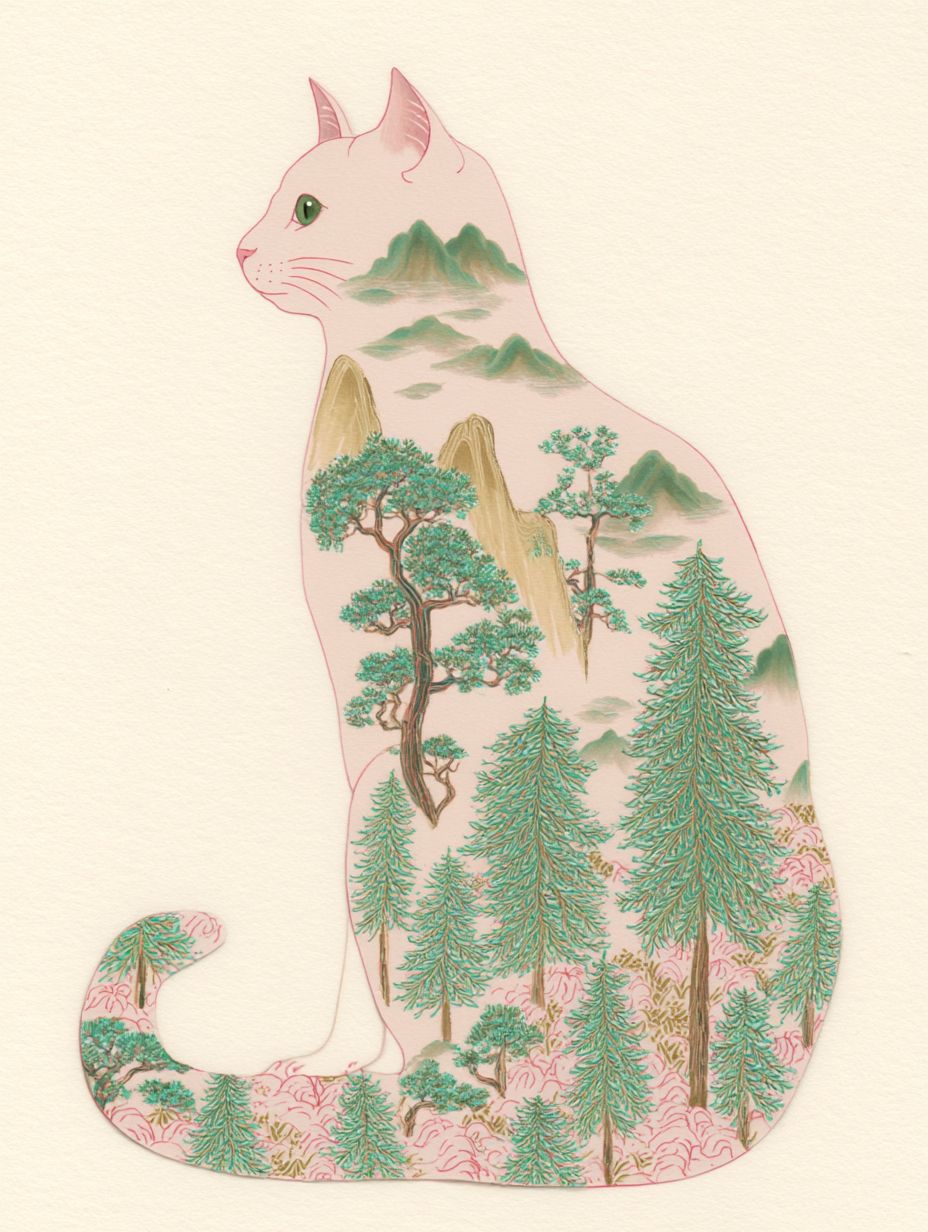 座っている猫のシルエットに韓国の伝統的な水墨画が描かれている