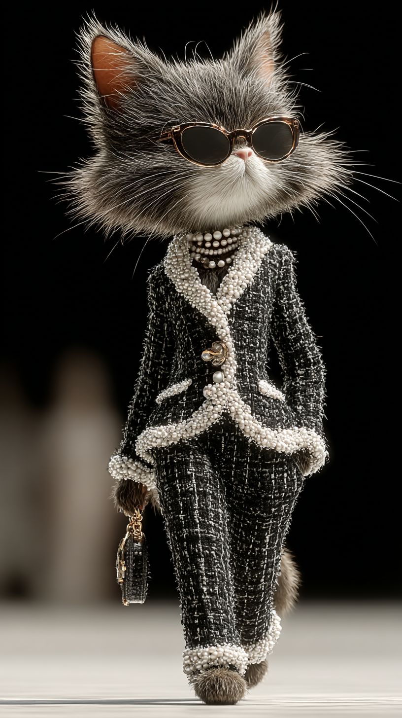 Um gato elegante vestindo um clássico terno tweed preto e branco e acessórios de pérolas caminha confiantemente por uma passarela de moda de alto nível