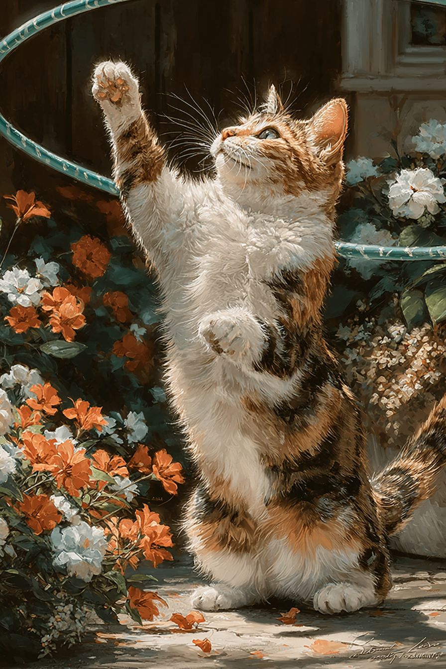 日当たりの良い裏庭でフラフープをするフォトリアルなトーティーシェルキャット
