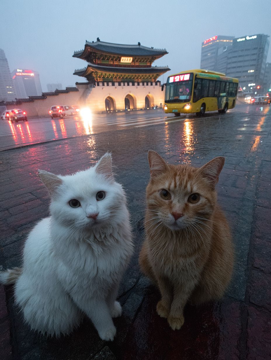 一只白猫和一只姜猫在首尔光化门广场自拍