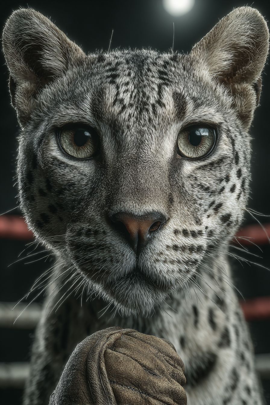 A hyper-realistic Egyptian mau boxing in a ring with intense focus