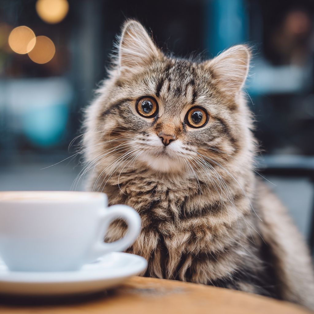 A sweet cat with kind round eyes sitting by a cup of coffee
