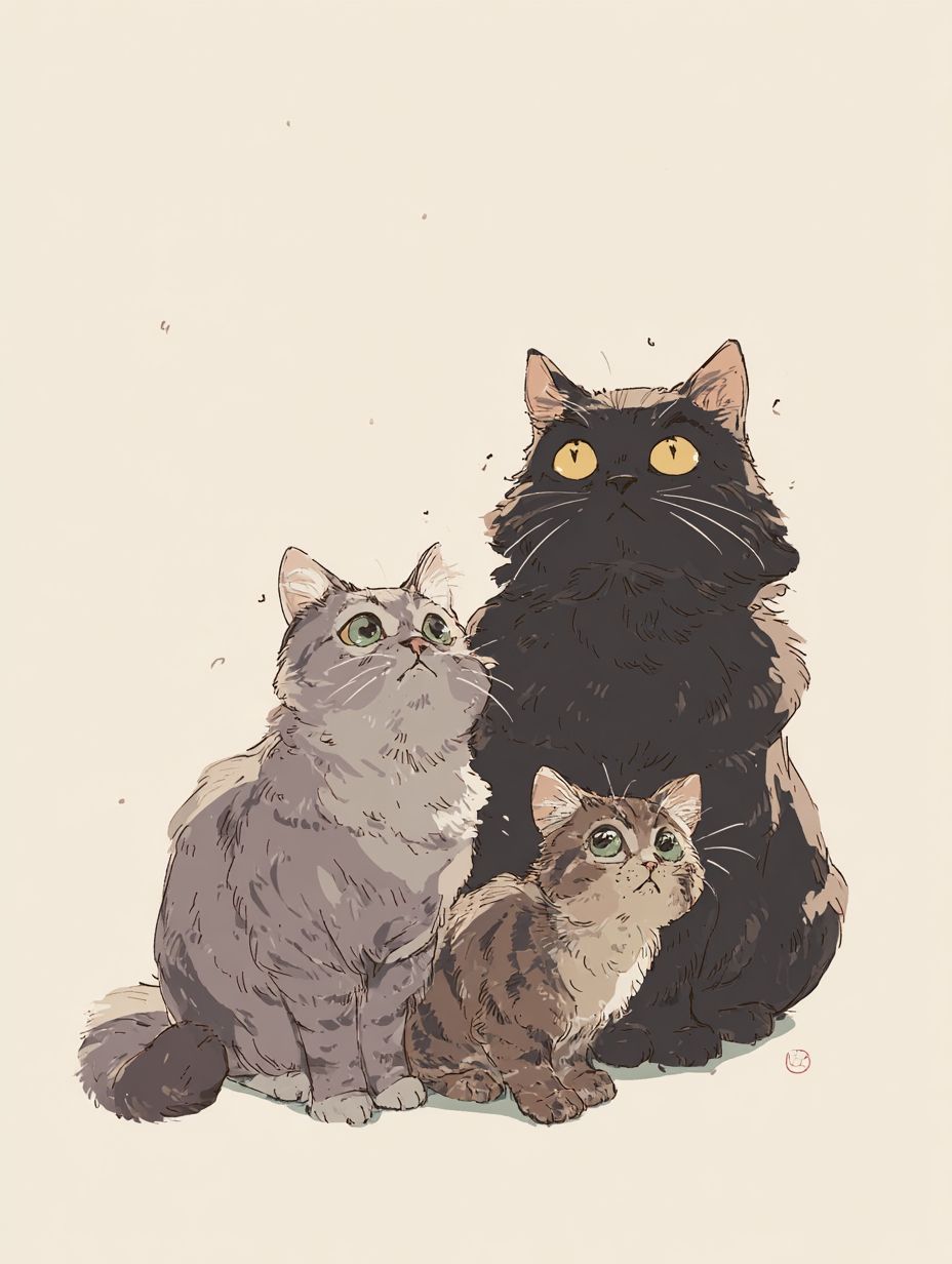 Erstellen Sie drei süße Katzen, eine graue mit dunkleren Streifen und gelben Augen, eine fette schwarze Katze mit gelben Augen und einem weißen Kreis unter dem Hals sowie ein kleines braunes Kätzchen mit Streifen und grünen Augen