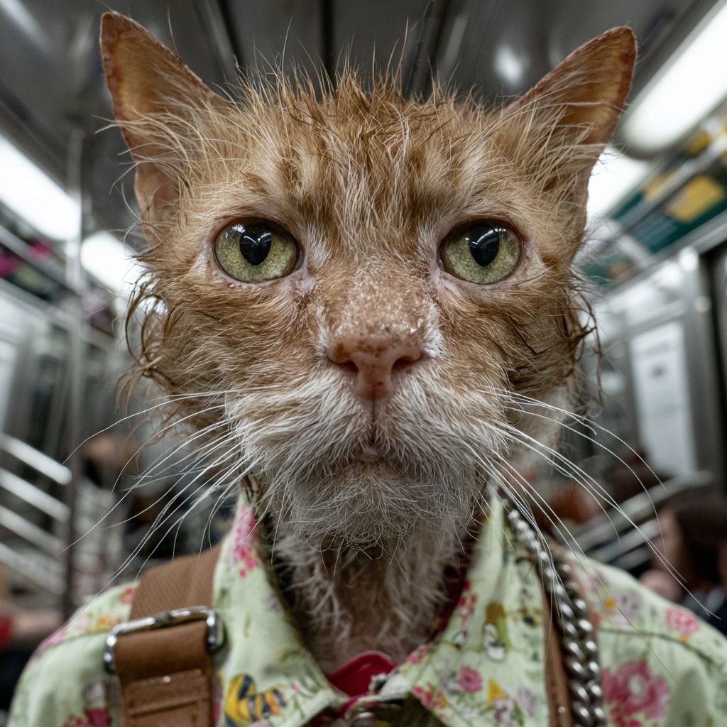 A ginger cat in a short-sleeved shirt and shoulder bag looks haggard like an office worker on the subway