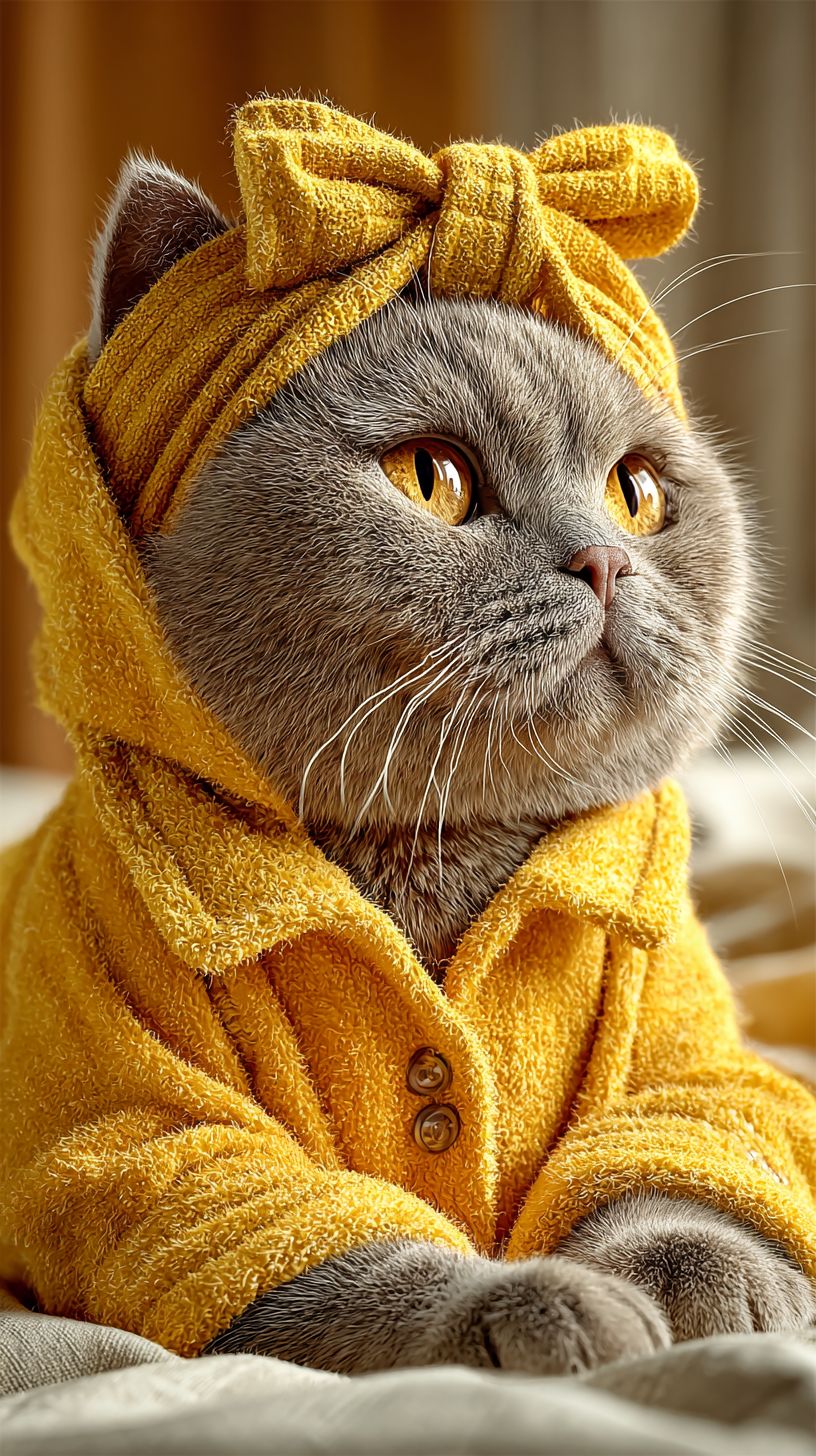 A chubby British Shorthair cat in yellow pajamas stretching on a cozy bed