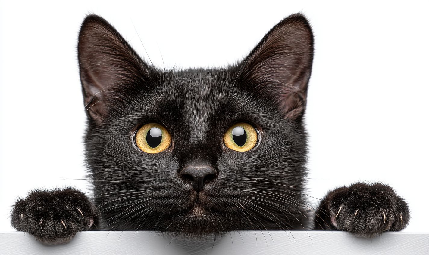 A cute Bombay cat smiling, with its paws hanging over a white card, evenly lit with studio lighting against a white background.