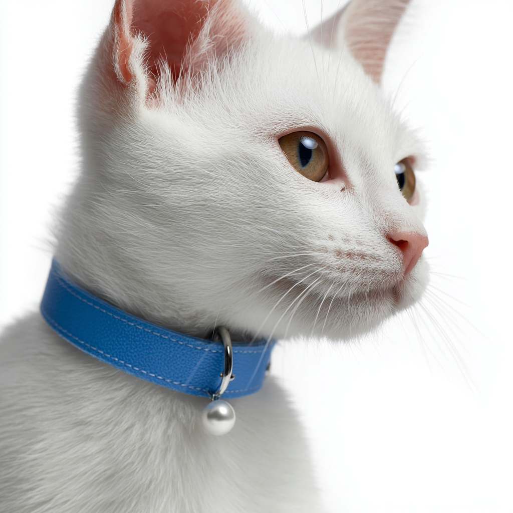 A designer cat collar in blue, ultra-soft structure with minimalist design and pearl drop charm on a white kitten