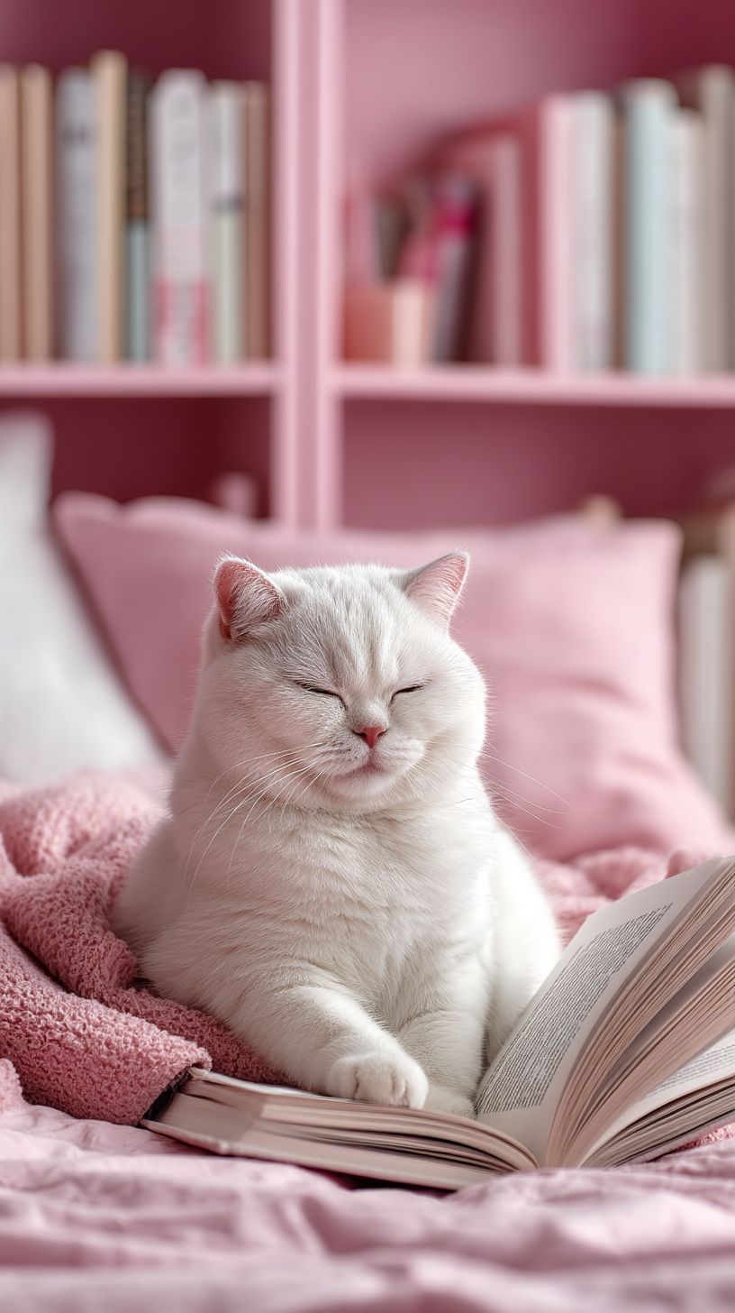 Eine süße silber-weiße britische Kurzhaarkatze lächelt, während sie in einem rosa-weißen Schlafzimmer ein Buch liest.