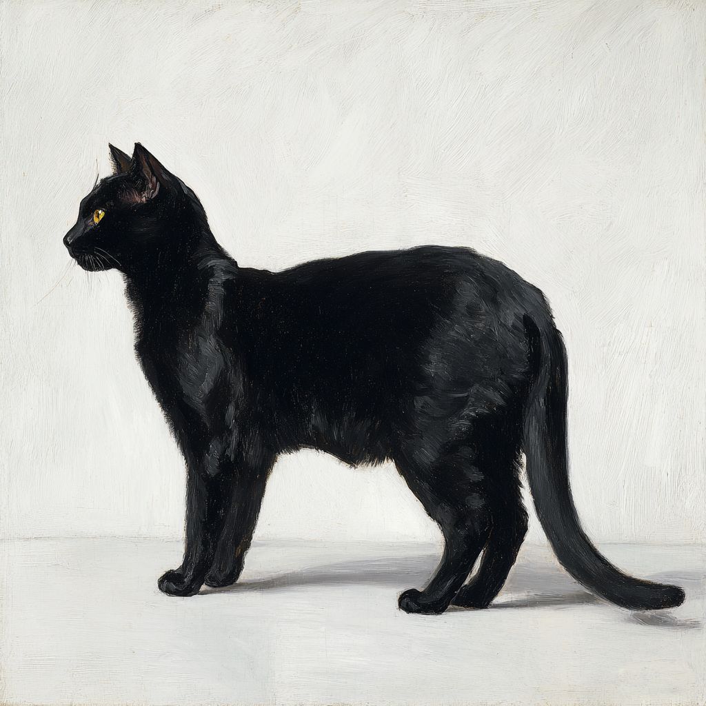 A classic black cat full body side profile painting by John Singer Sargent