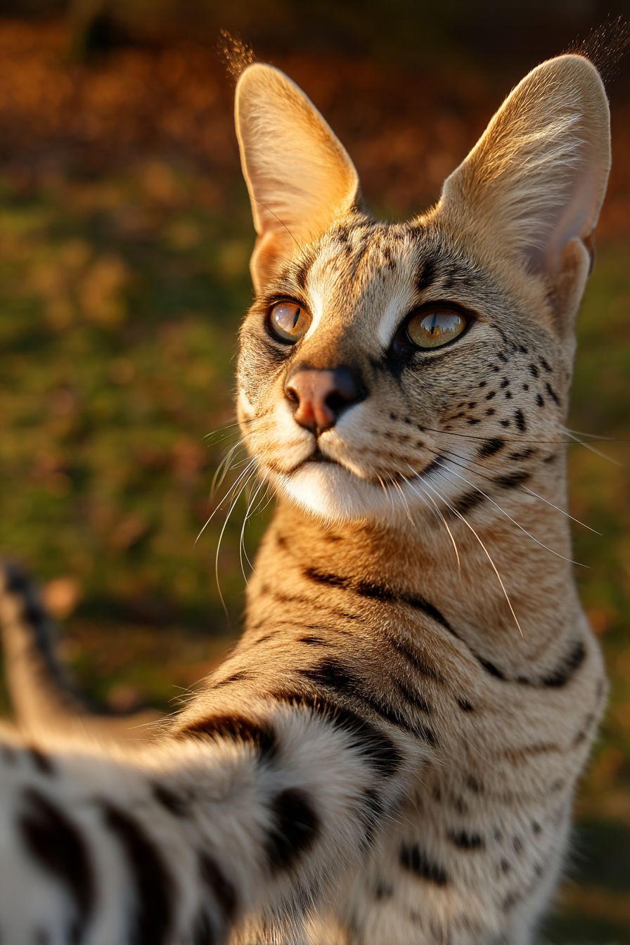 Un majestuoso gato Savannah está tomando un selfie, mostrando sus orejas altas y su pelaje manchado con luz natural.