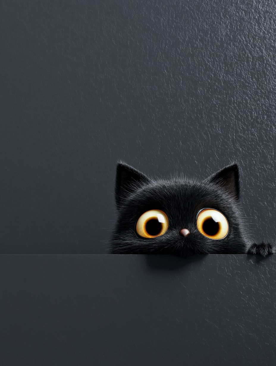 A cute black cat peeks out from a pure black background, showing wide eyes and a playful expression.