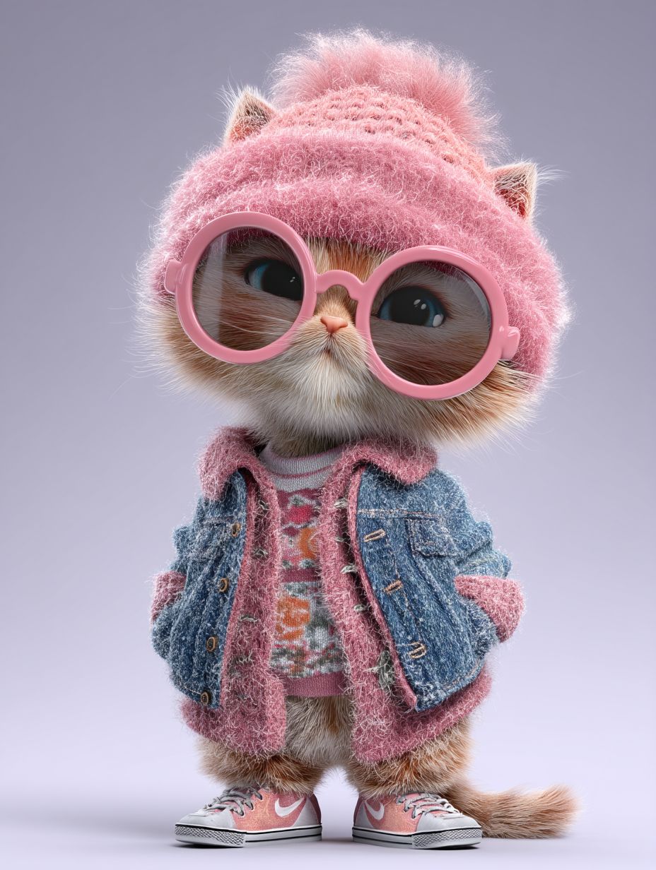 Un adorable chaton rebelle portant des vêtements à la mode, avec une image stéréoscopique en 3D.