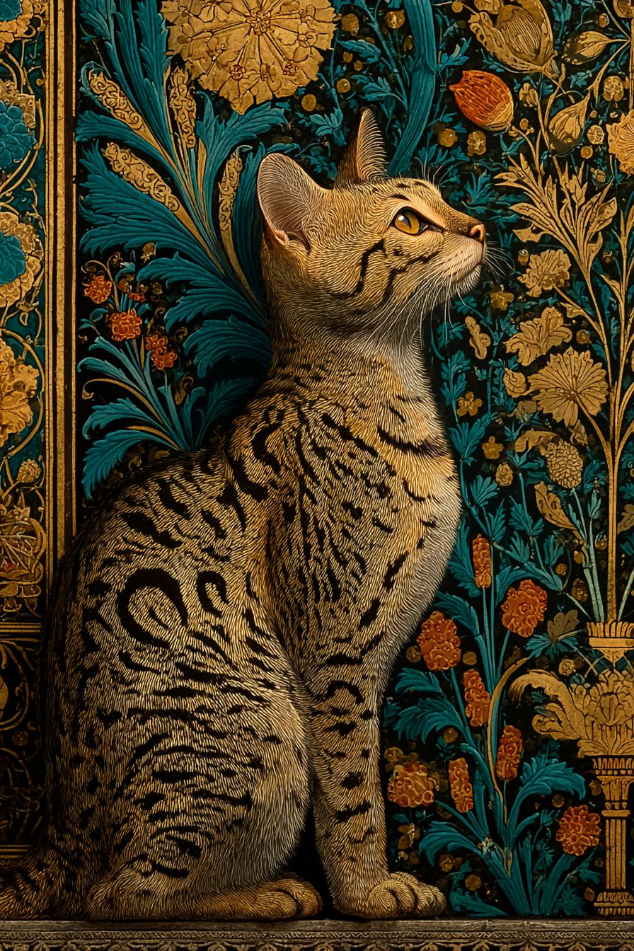ミニチュアインド絵画に描かれたベンガル猫、金箔の詳細、鮮やかなサフランとティールの色、花のモチーフ、王宮の中庭