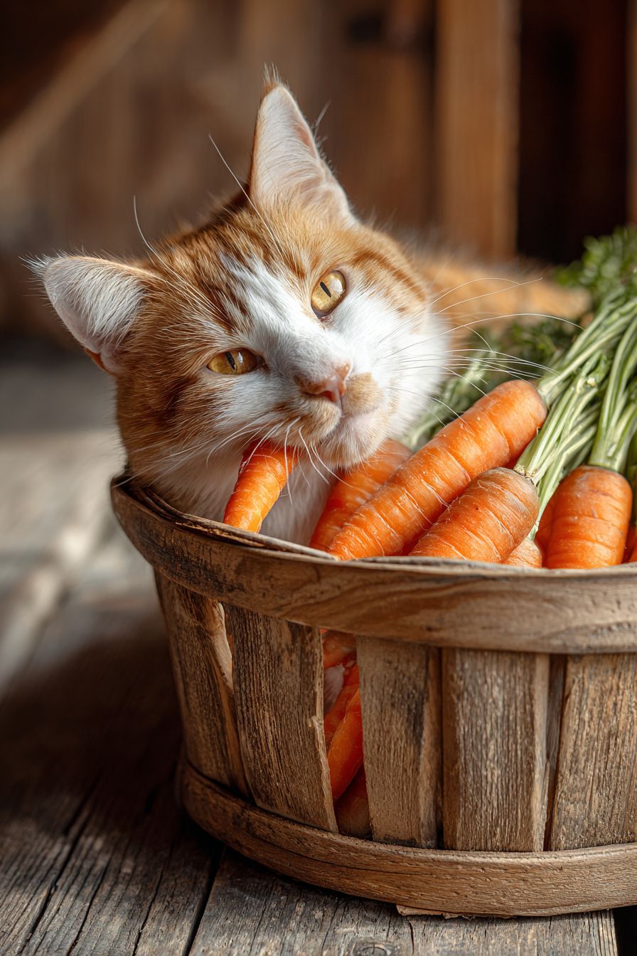 Un gato está comiendo zanahorias de una cesta de madera