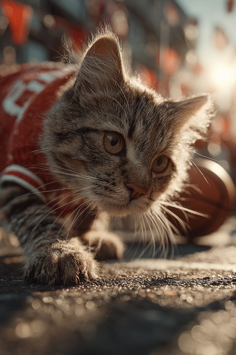 Eine fotorealistische getigerte Katze dribbelt einen Basketball auf einem sonnigen städtischen Platz mit einem kleinen roten Trikot