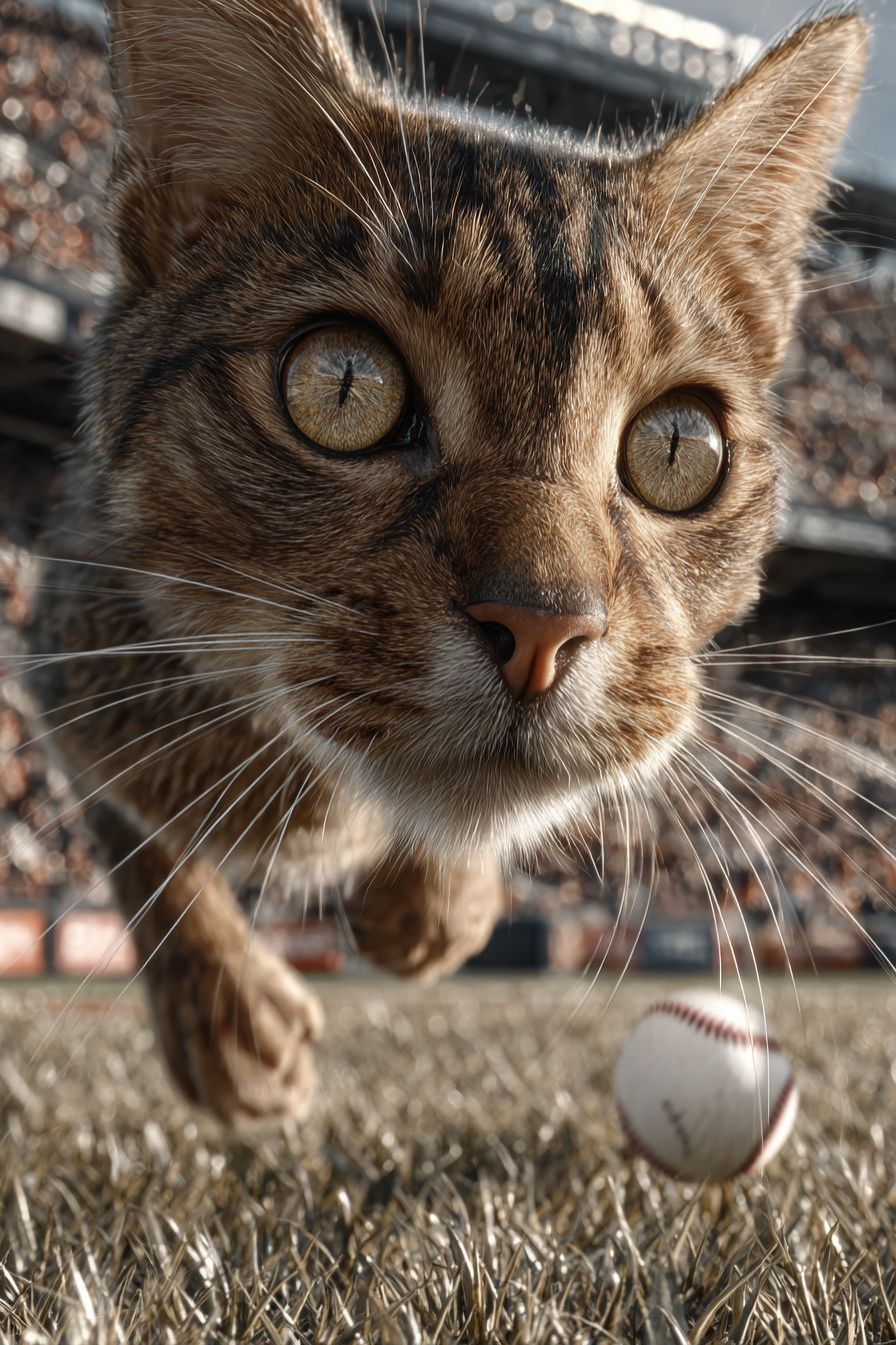 超リアルなアビシニアンキャットが草野球場で空中の野球をキャッチ