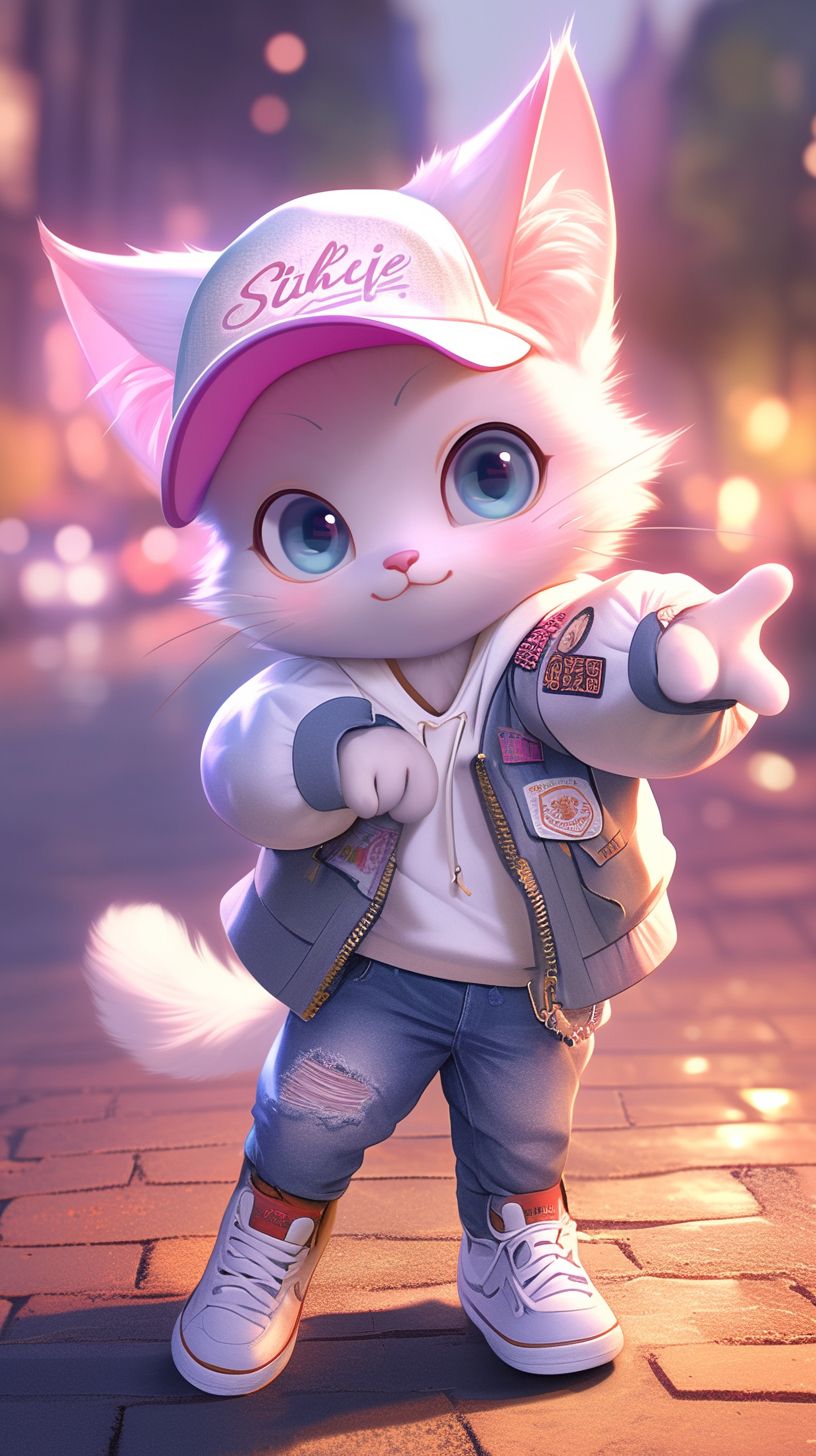 Un adorable chaton blanc portant une tenue décontractée de style urbain danse.