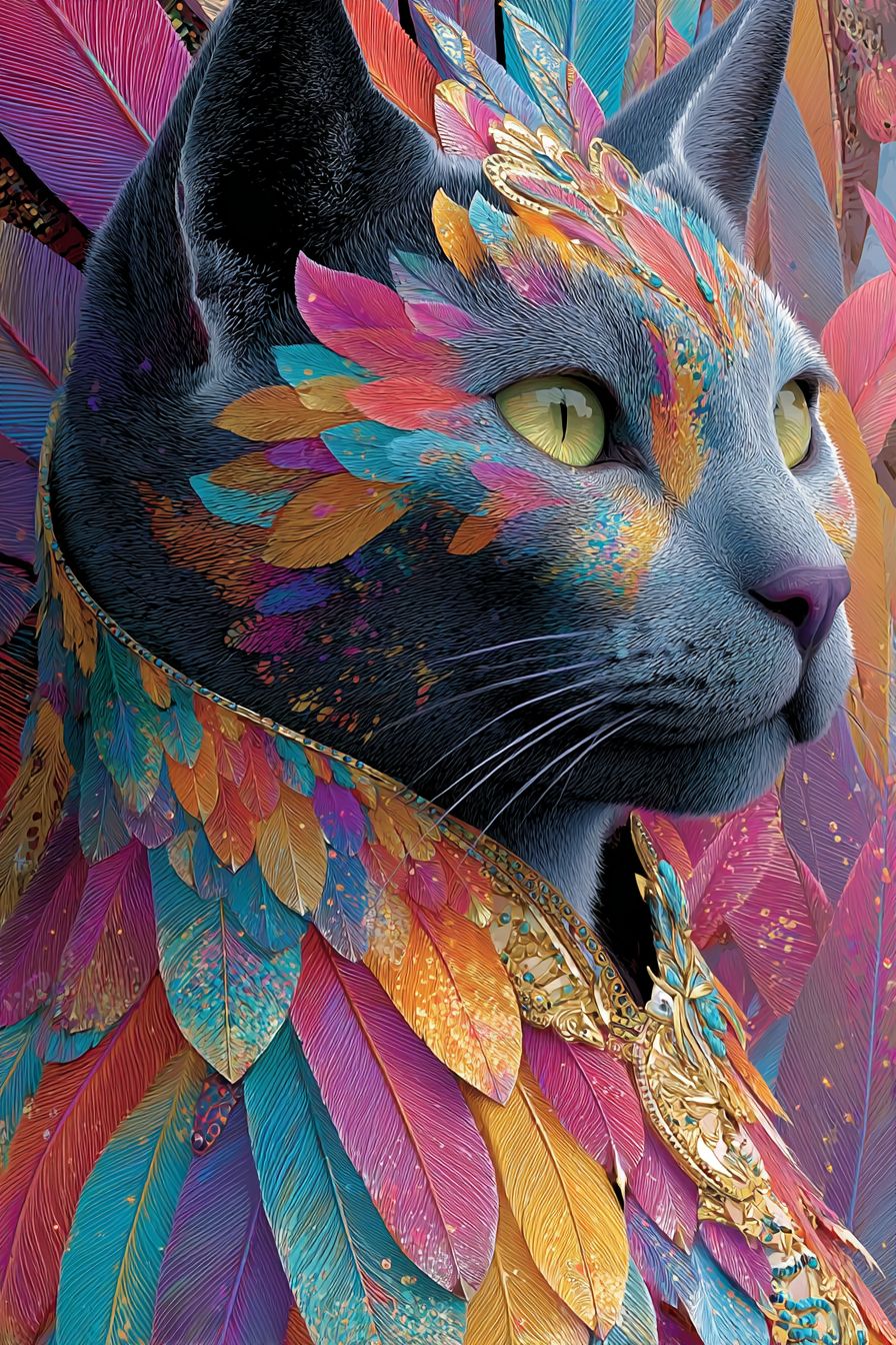 Un chat brésilien à poil court dans le style de l'art du carnaval brésilien avec des plumes vives et des danseurs dans la forêt tropicale