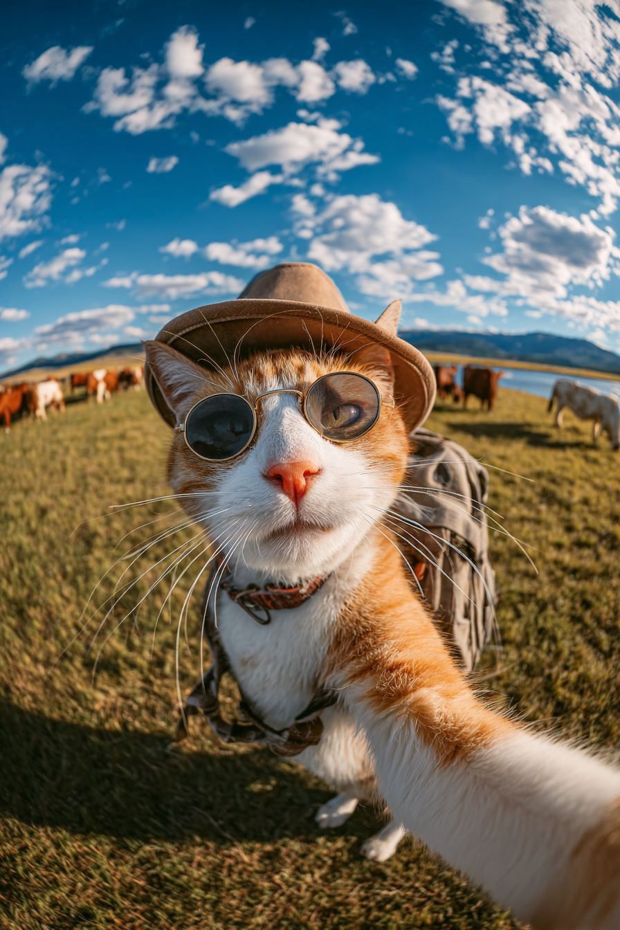Un gato naranja y blanco se toma una selfie en la pradera con gafas de sol y un sombrero de vaquero