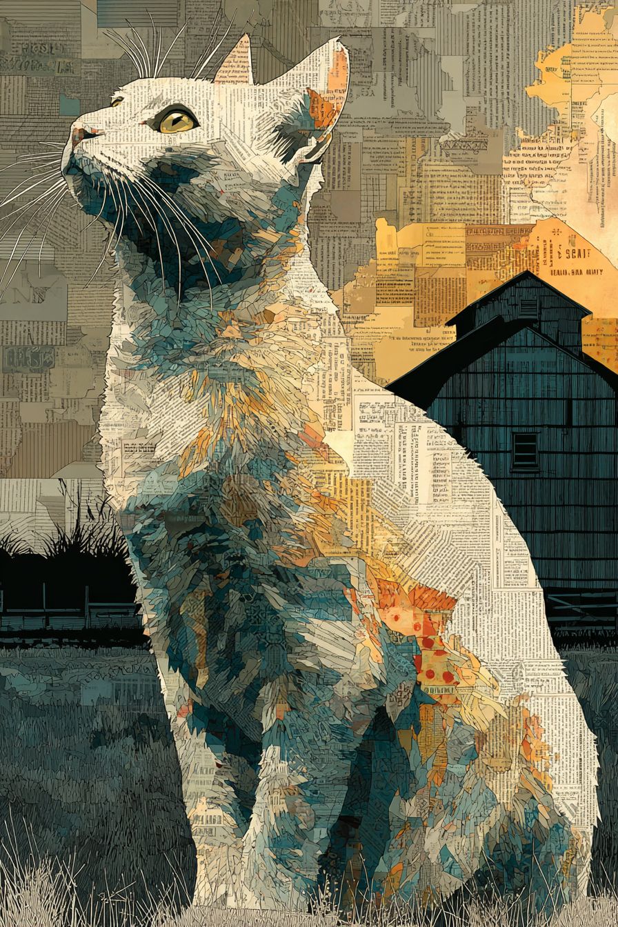 Un collage posmoderno que presenta un gato Cymric con medios mixtos y recortes de periódicos en un fondo de escena rural de granja