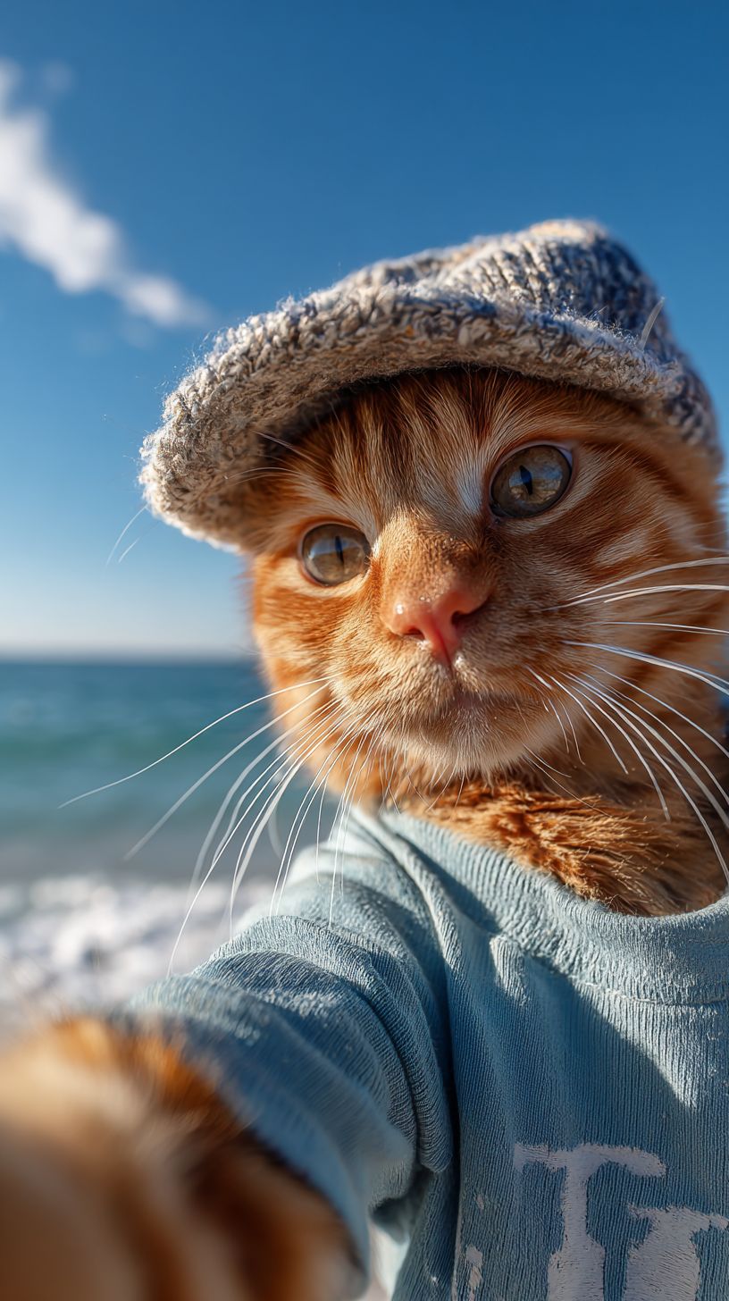 Um gato tigrado laranja vestido com camiseta e boné tirando selfies na praia com o mar azul ao fundo