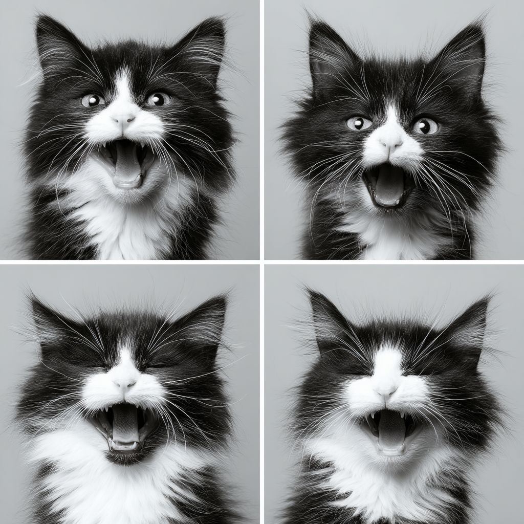 生成一只黑白图案猫的多种表情插图