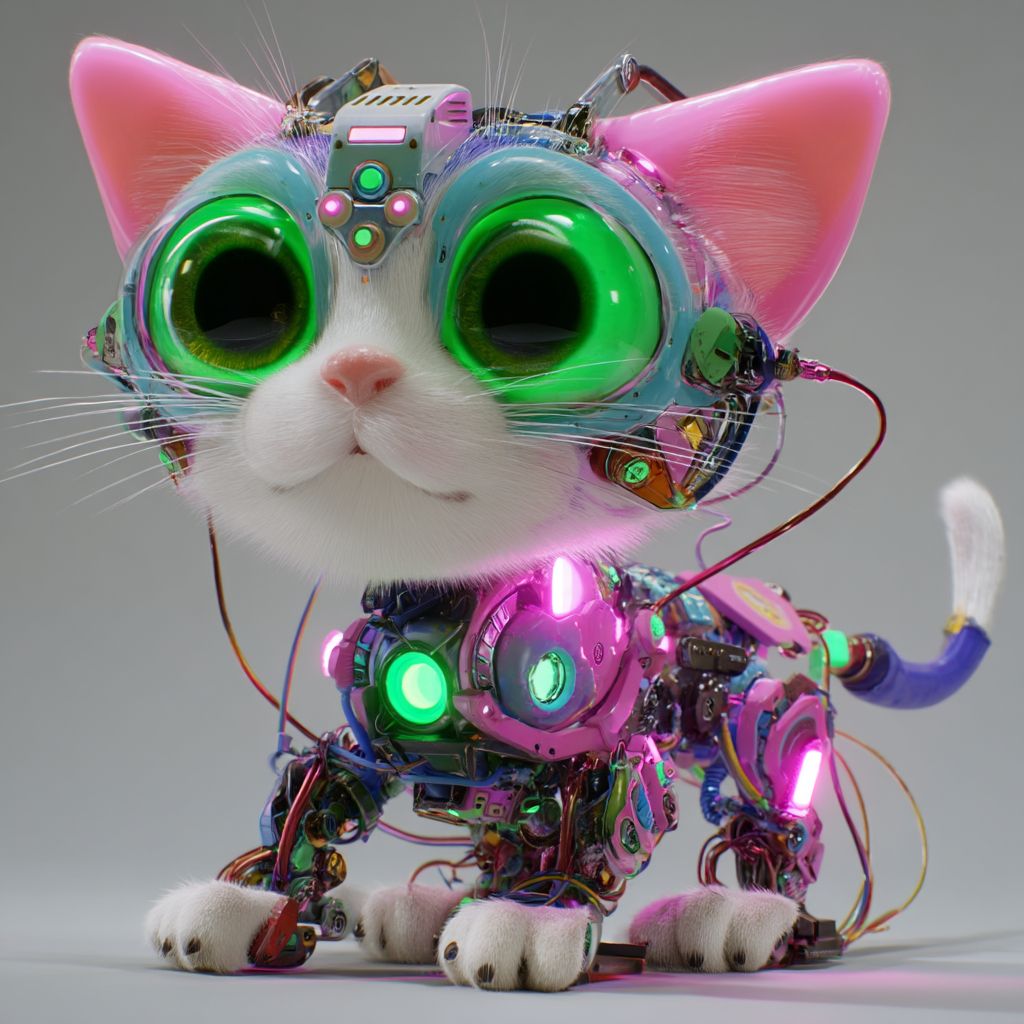 A CGI cyberpunk style robot kitten
