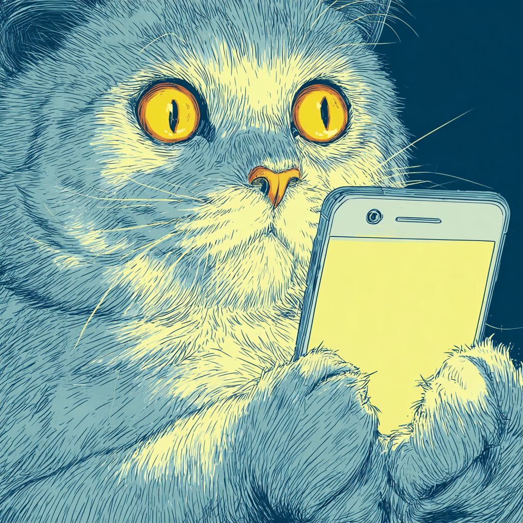 A white cat is showing the smartphone screen with its paws