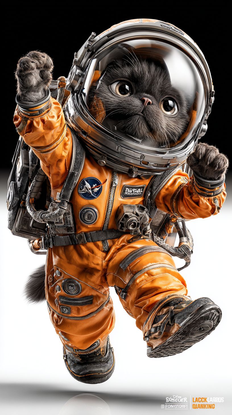 一只穿着橙色宇航服的黑白猫太空漂浮