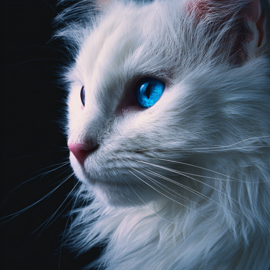 白いふわふわの猫が美しい青い目を持っている