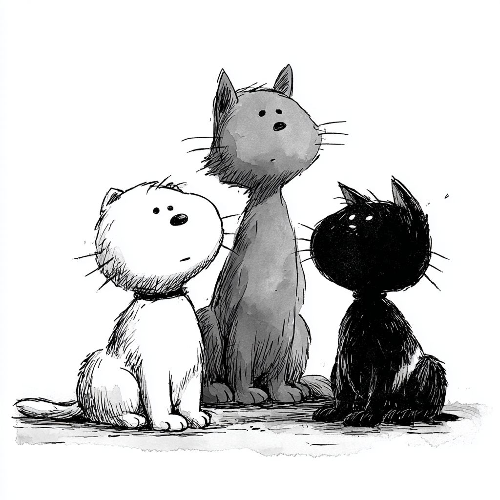 Tres gatos adorables, uno negro y uno blanco al frente y uno gris en el fondo haciéndose el desinteresado