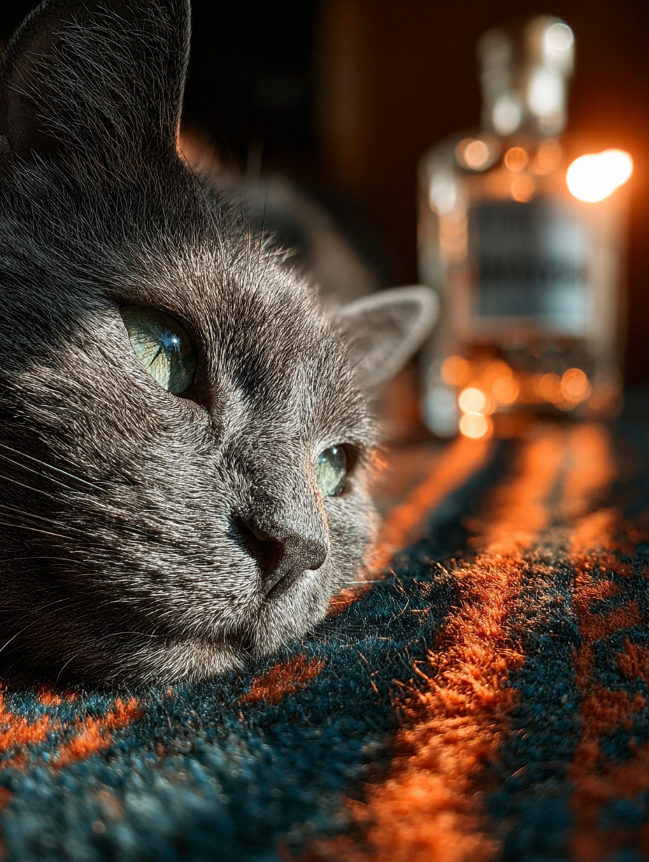 Russian blue cat and healing moments with whiskey and lawn