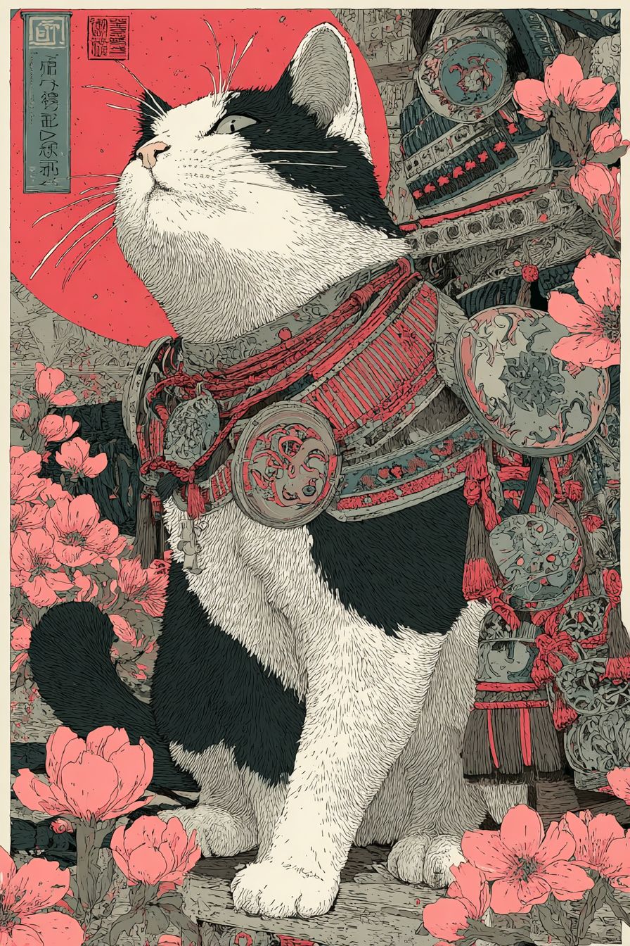 A Japanese Ukiyo-e style woodblock print of a Japanese Bobtail featuring cherry blossom trees and samurai armor in the background