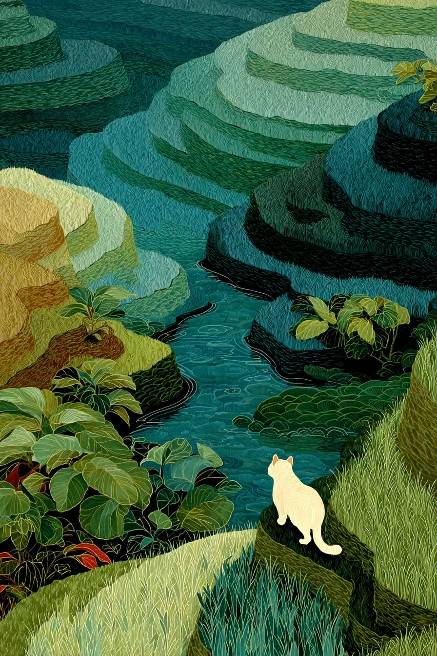越南のシルク絵画に描かれたベトナム・フン族の猫と稲田の柔らかな色合い