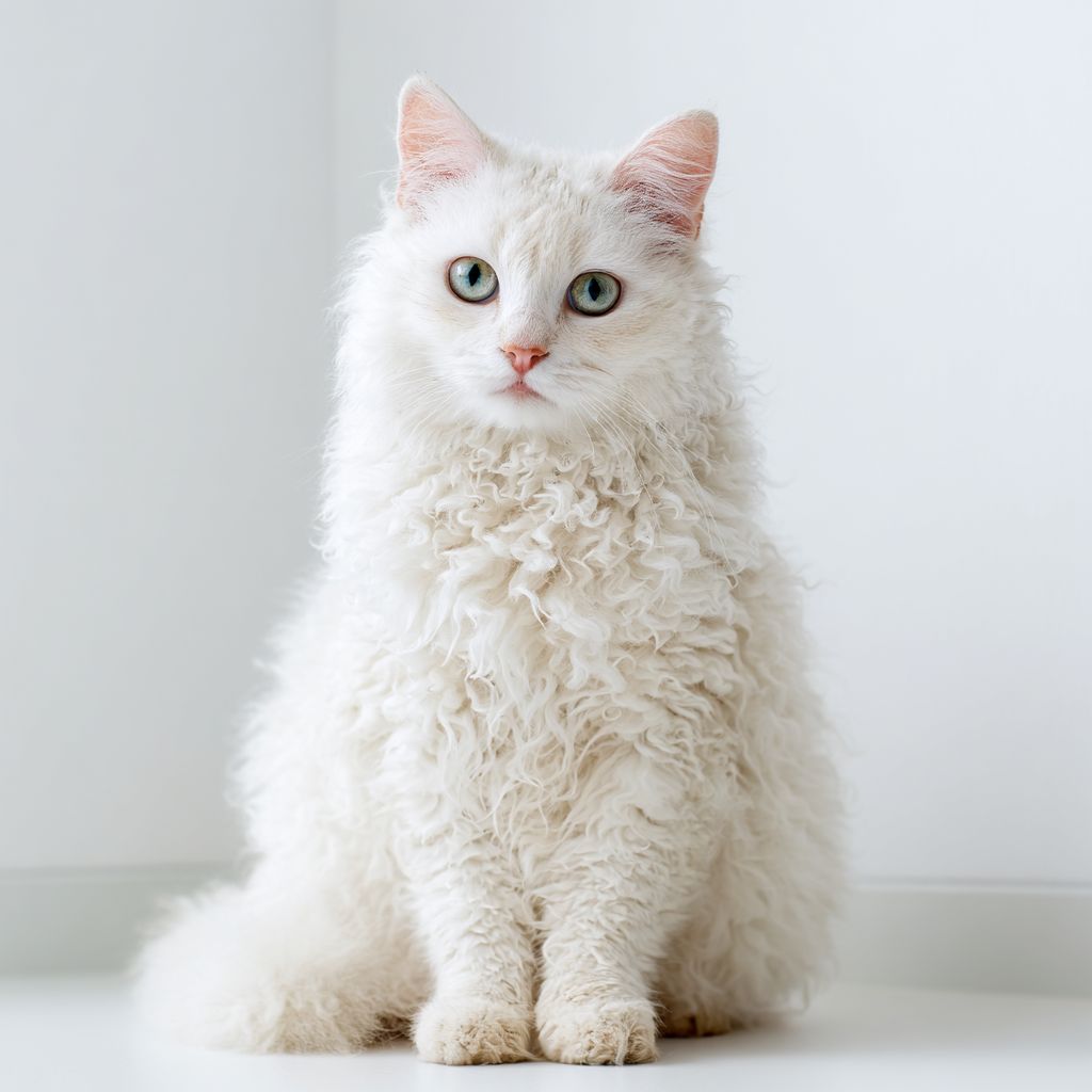 A cute white cat and a German curly haired cat are sitting and looking at the camera